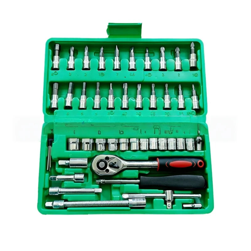 46 Pieces 1/4 Inch Drive Socket Ratchet Wrench Set, Metric Bit Socket & Extension Bar Assortment, Portable Hand Tool Kit for Auto Repairing & Household Mechanical Maintenance