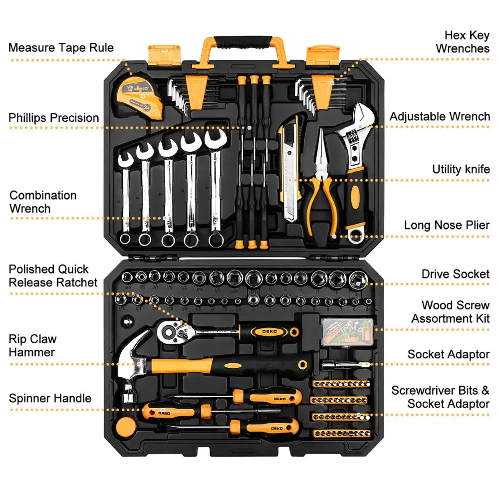 DEKO 158 Pcs Professional Car Repair Tool Set Auto Ratchet Spanner Screwdriver Socket Mechanics Tools Kit W/ Blow-Molding Box