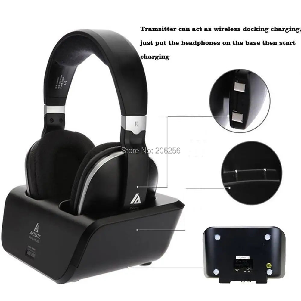 Artiste ADH300 2.4GHz Wireless TV Headphones Digital Over-Ear Stereo Headphone for TV 100ft Distance Transmitter Charging Dock