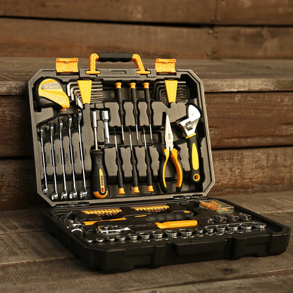 DEKO DKMT128/DKMT196 Home DIY Tool Set Auto Repair Combination Package Hand Tool Kit with Plastic Tool box, Screwdriver, Hammer