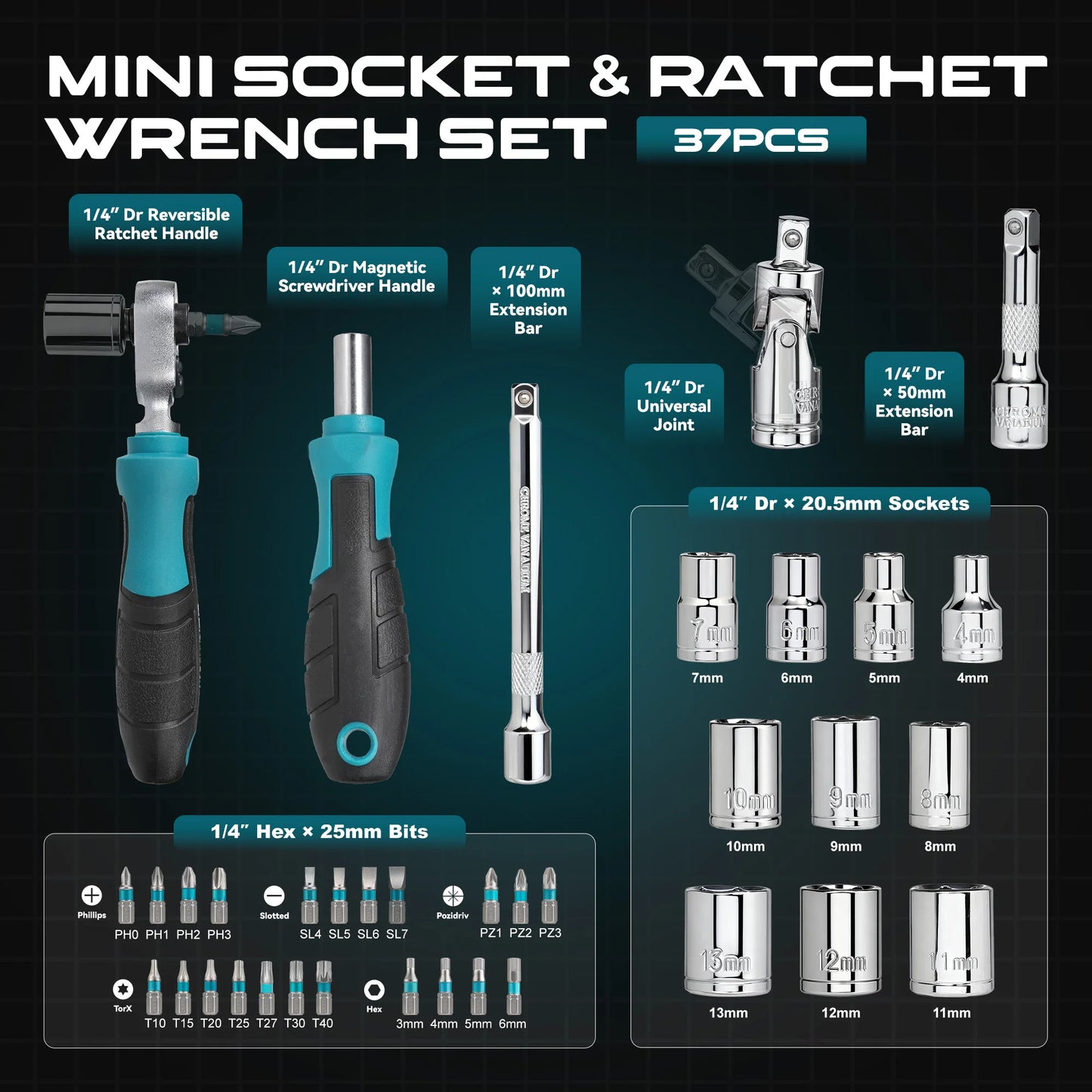 37PCS 1/4" Dual-Drive Ratchet Wrench Set with Shallow Sockets Magnetic Driver Handle and Bits Extension Bars & Universal Joint