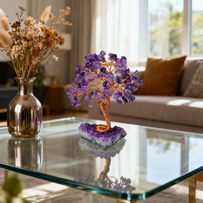 Amethyst Healing Crystals Tree Wrapped with Wire on Natural Crystal Gravel with Base Stone Decoration for Home Desk Living Room