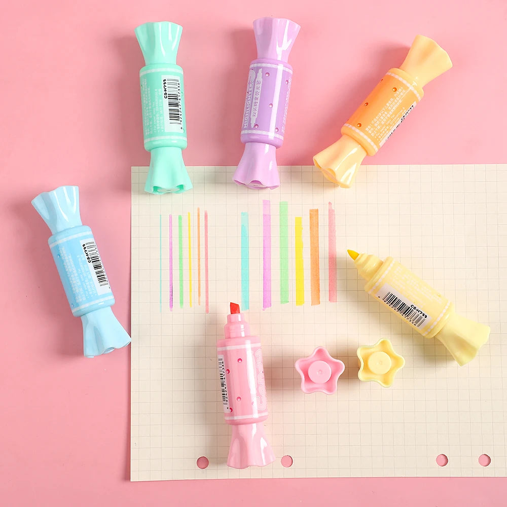 6pcs Double-headed Pastel Fluorescent Markers Candy Highlighters for Highlighting & Drawing Stationery School A7421