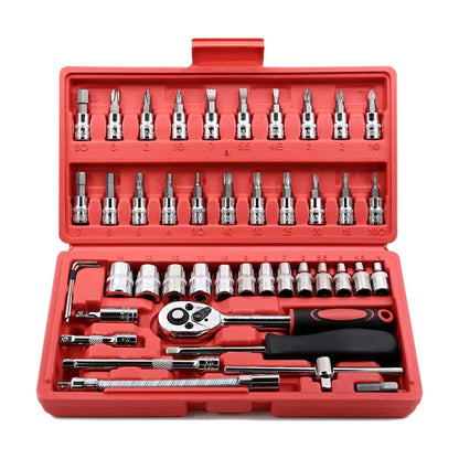 FOCSE 46 Pieces 1/4 Inch Drive Socket Ratchet Wrench Set, With Bit Socket Set, Metric And Extension Bar For Auto Repairing