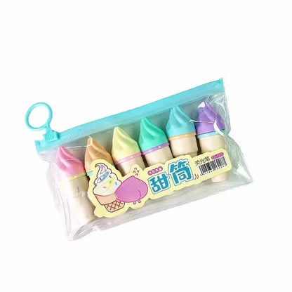 New 6Pcs/set Cute Ice Cream Highlighters Set Mini Marker Pens Kids Stationery Students Drawing Painting Tool Student School Supp
