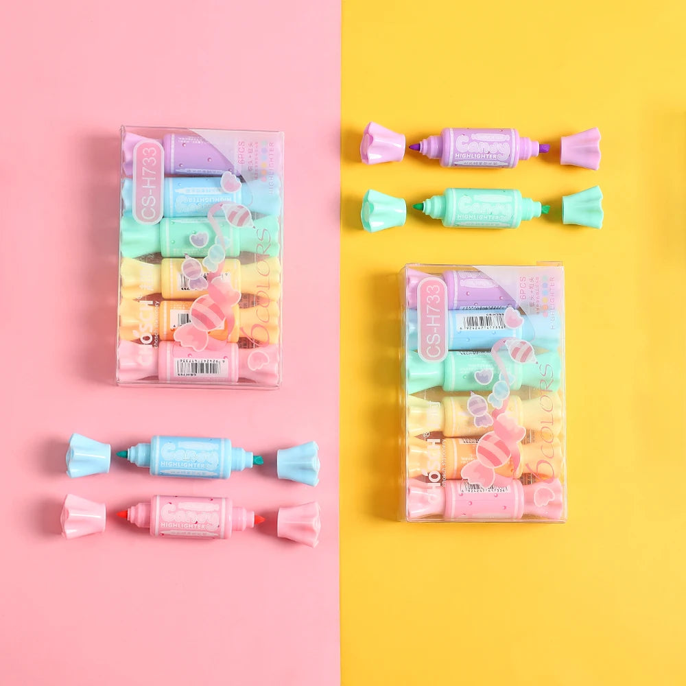 6pcs Double-headed Pastel Fluorescent Markers Candy Highlighters for Highlighting & Drawing Stationery School A7421