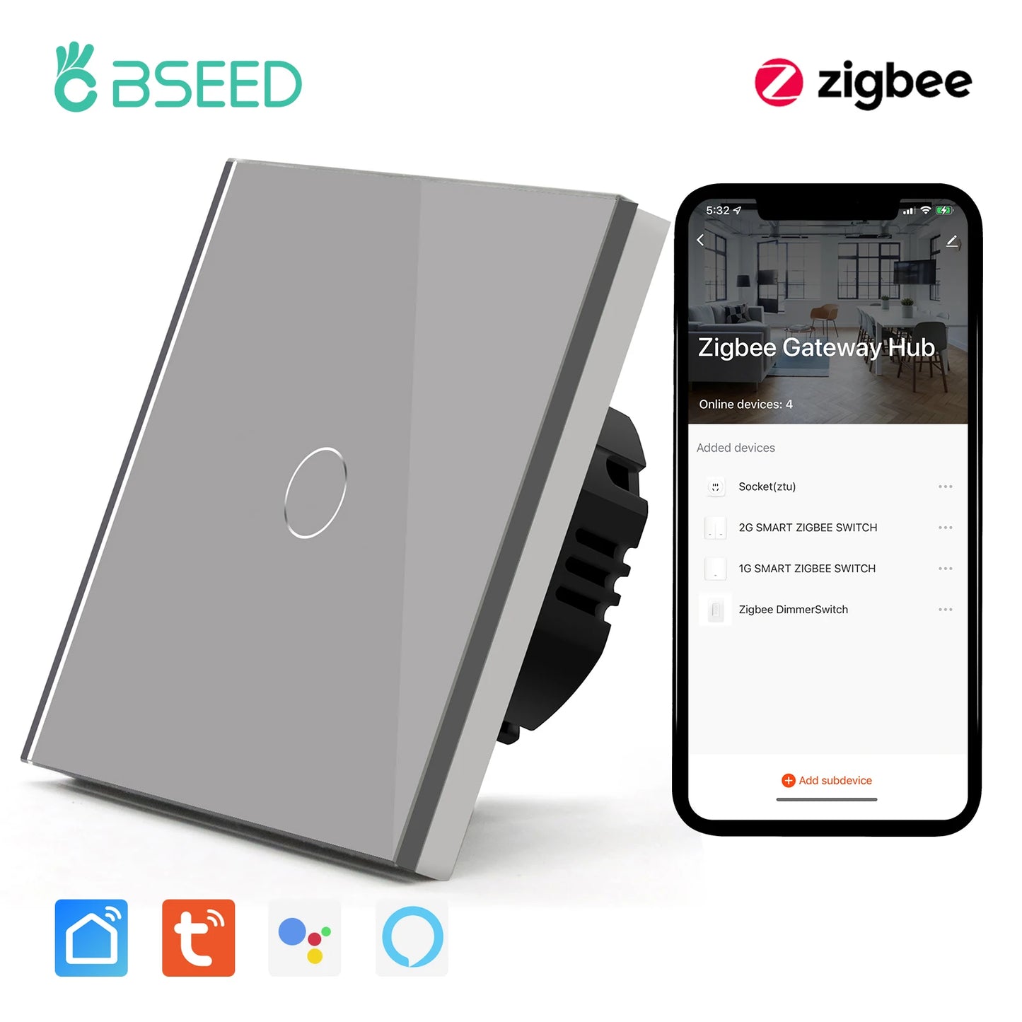Bseed Zigbee 1/2/3Gang EU Standard Touch Light Switch Single Live Smart Wall Switch Smart Life Google Home Voice Control