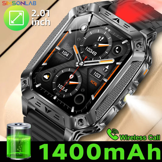 2026 Military Smartwatch 2.01''Color Screen Outdoor Sports Watch for Men SOS Red Alarm Flashing Flashlight Health Monitor IP68