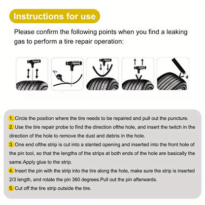 Portable Car Tire Puncture Repair Kit T-Handle Tools Glue Strips Universal for Truck Motorcycle RV Roadside Safety