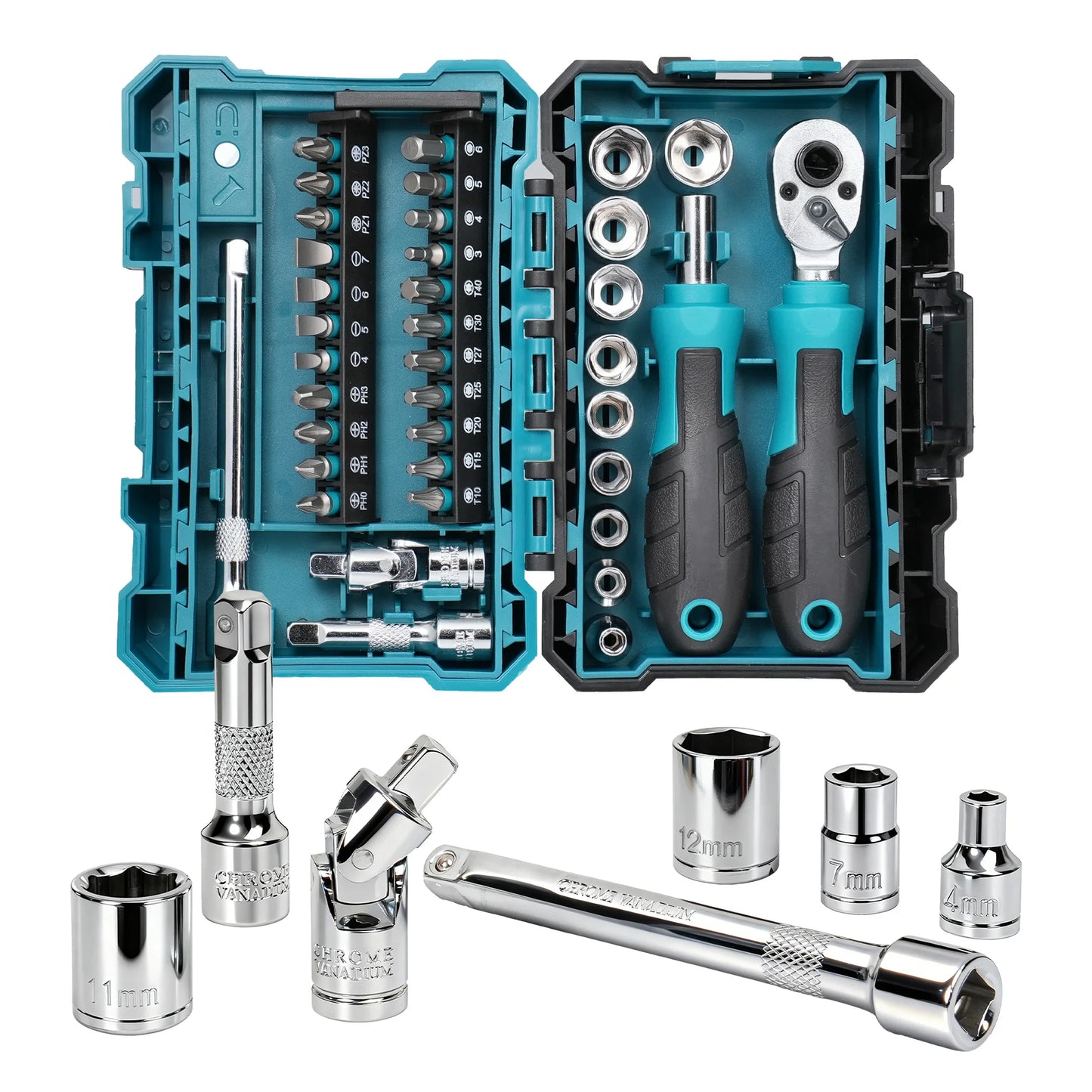 37PCS 1/4" Dual-Drive Ratchet Wrench Set with Shallow Sockets Magnetic Driver Handle and Bits Extension Bars & Universal Joint