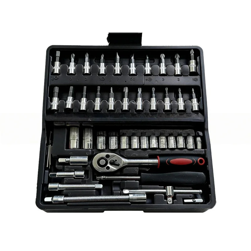 46 Pieces 1/4 Inch Drive Socket Ratchet Wrench Set, Metric Bit Socket & Extension Bar Assortment, Portable Hand Tool Kit for Auto Repairing & Household Mechanical Maintenance