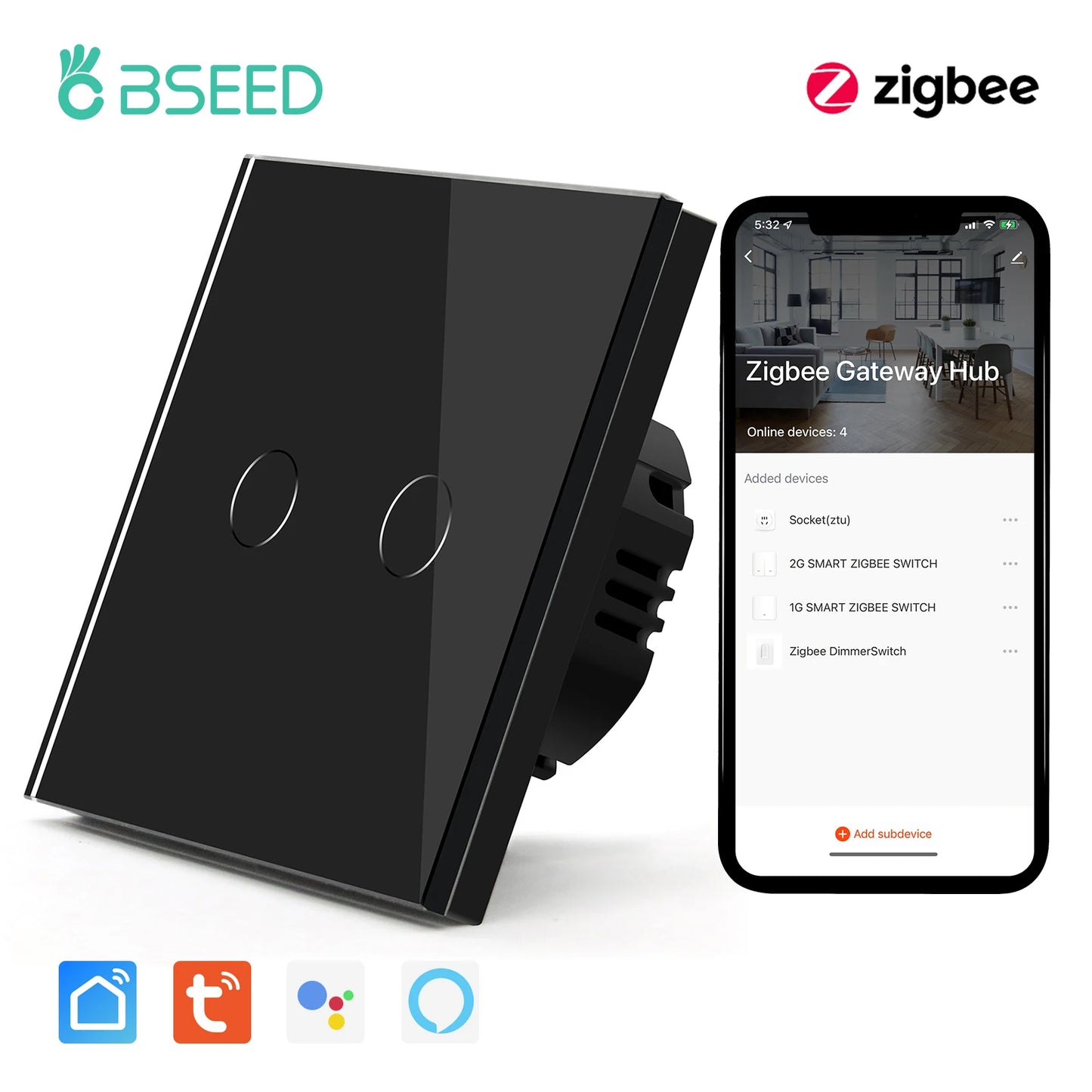 Bseed Zigbee 1/2/3Gang EU Standard Touch Light Switch Single Live Smart Wall Switch Smart Life Google Home Voice Control