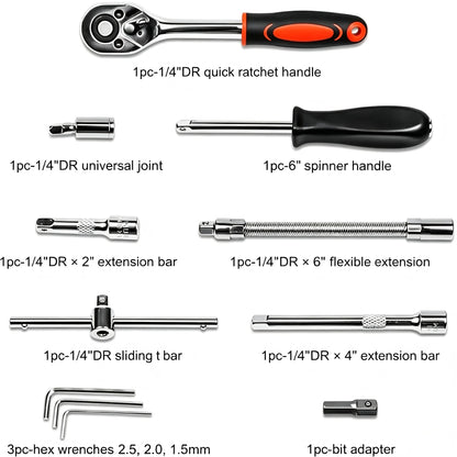 46 Pieces 1/4 Inch Drive Socket Ratchet Wrench Set, Metric Bit Socket & Extension Bar Assortment, Portable Hand Tool Kit for Auto Repairing & Household Mechanical Maintenance