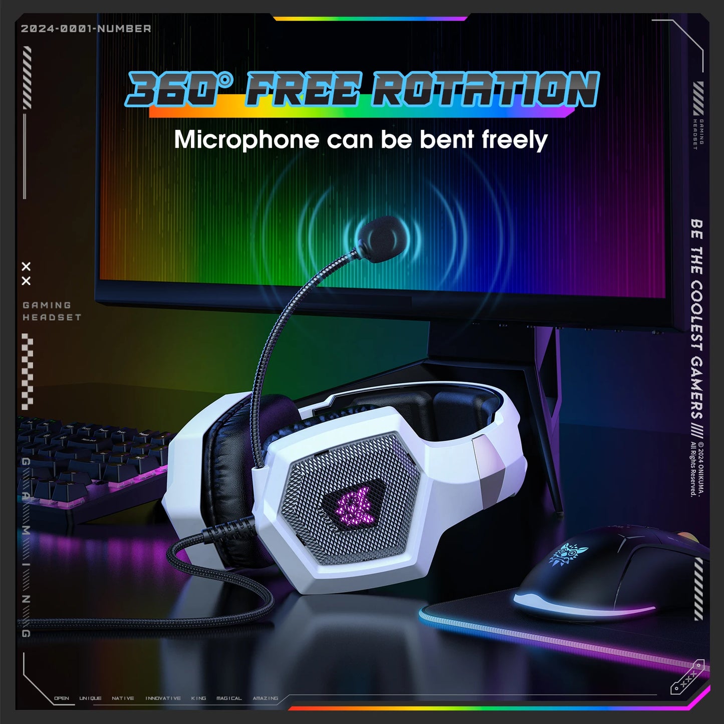 Onikuma Gaming Headset w/Mic - Noise-Cancelling Mic, 7.1 Surround Sound, RGB Lights - PS5/PS4/Xbox/PC - Over-Ear Wired (3.5mm)