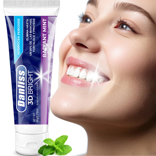 3D Bright Whitening Toothpaste with Hydrogen Peroxide, Eliminates Stains & Protects Enamel, Radiant Mint, 60g
