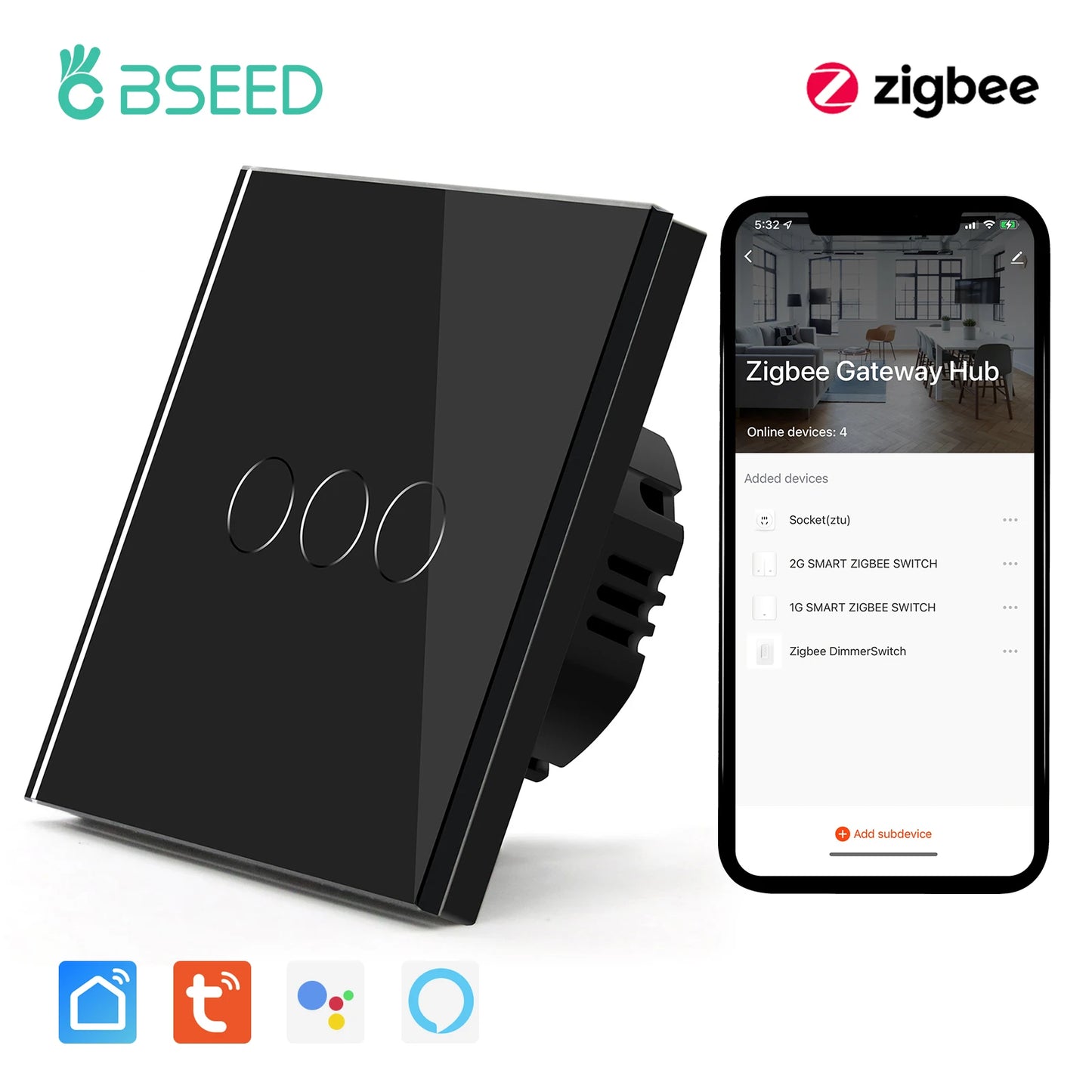 Bseed Zigbee 1/2/3Gang EU Standard Touch Light Switch Single Live Smart Wall Switch Smart Life Google Home Voice Control