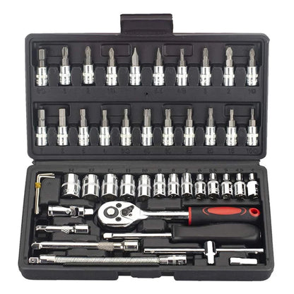 FOCSE 46 Pieces 1/4 Inch Drive Socket Ratchet Wrench Set, With Bit Socket Set, Metric And Extension Bar For Auto Repairing