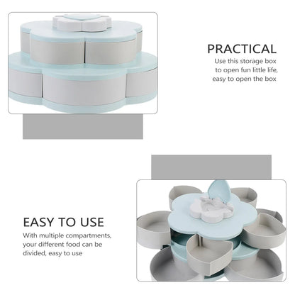 1Pcs Rotating Flower Shape Double-Layer Snack Storage Box with Phone Holder Multiple Compartments Food Grade PP Candy Tray Dried