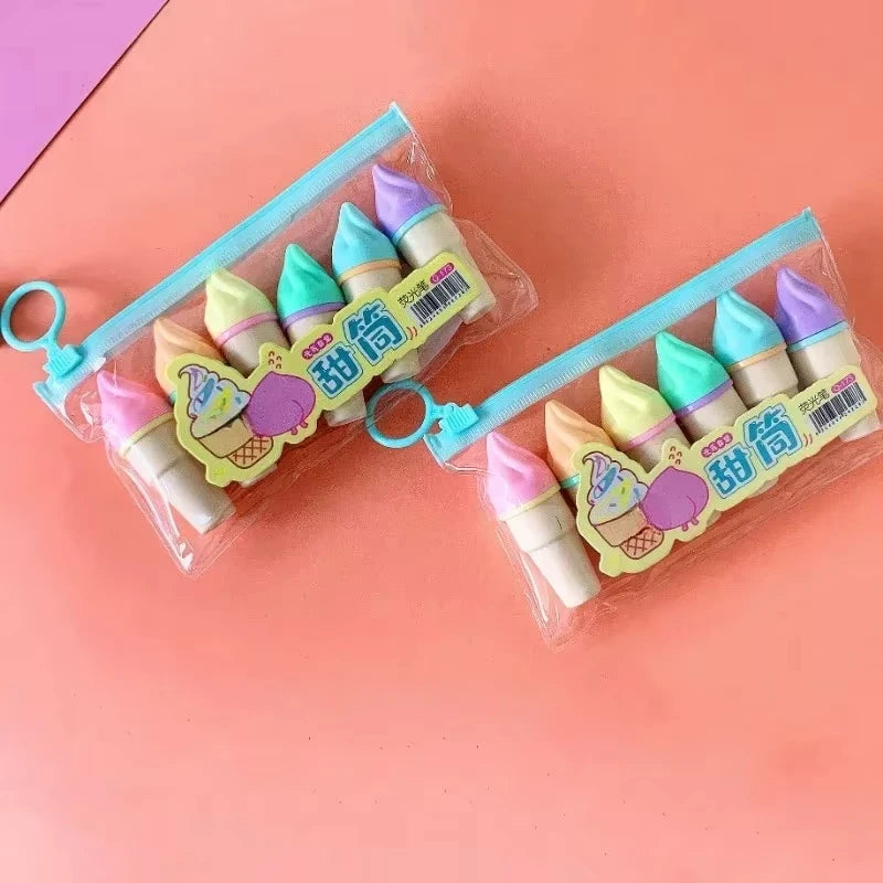 New 6Pcs/set Cute Ice Cream Highlighters Set Mini Marker Pens Kids Stationery Students Drawing Painting Tool Student School Supp