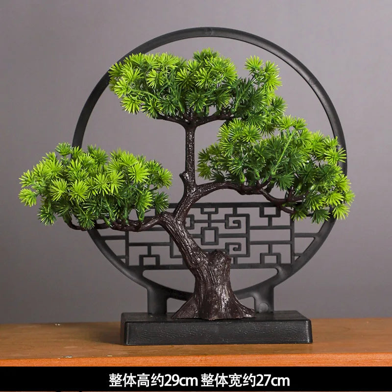 Chinese Zen Welcome Pine Potted Plant, Creative Screen Ornament Simulation Fake Pine Tree Living Room Entrance Decoration