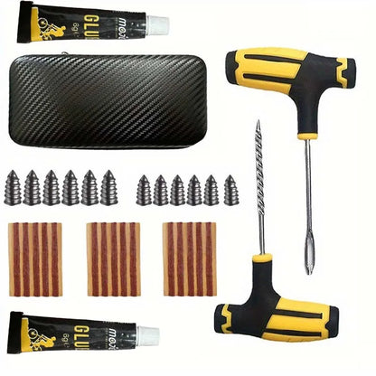 Portable Car Tire Puncture Repair Kit T-Handle Tools Glue Strips Universal for Truck Motorcycle RV Roadside Safety