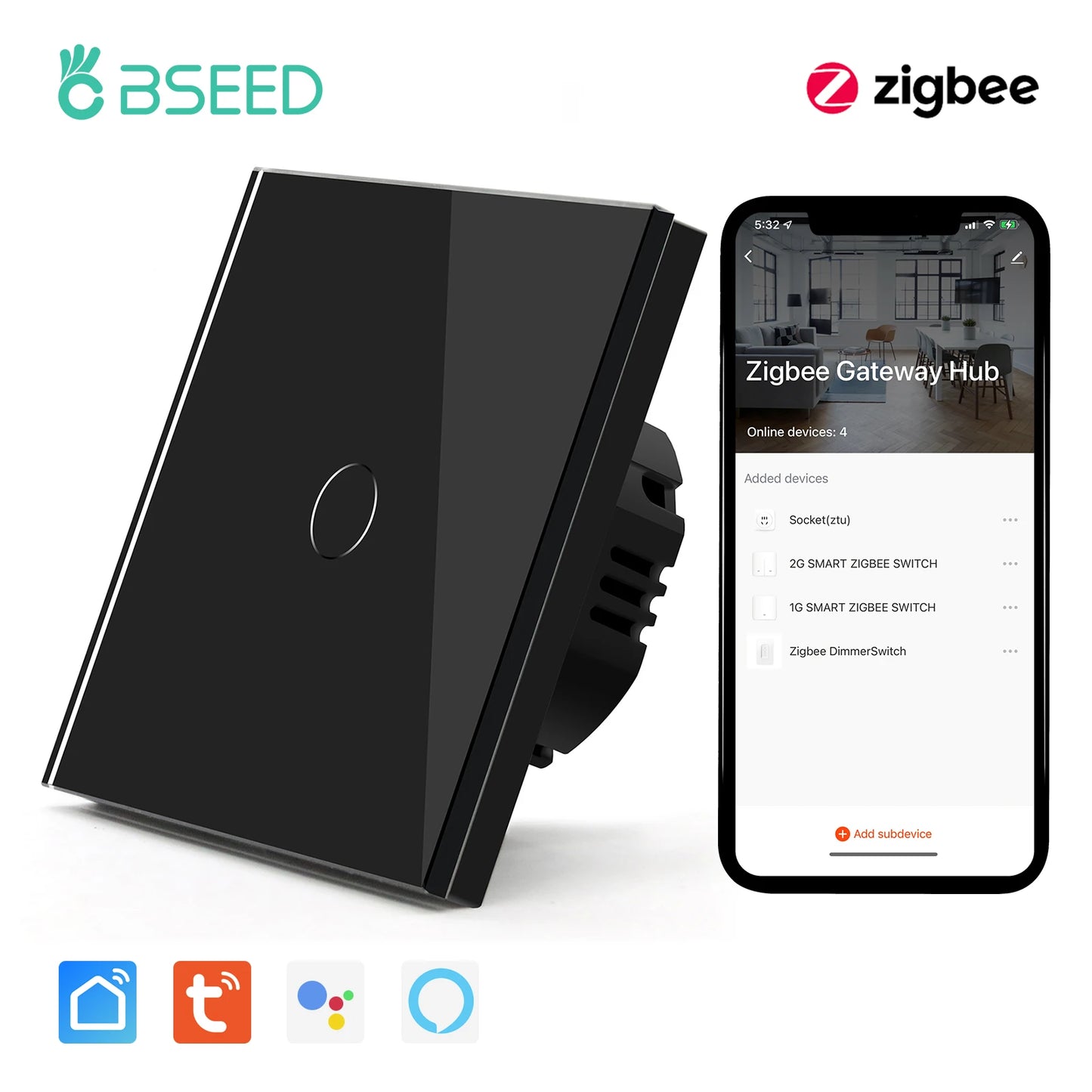 Bseed Zigbee 1/2/3Gang EU Standard Touch Light Switch Single Live Smart Wall Switch Smart Life Google Home Voice Control