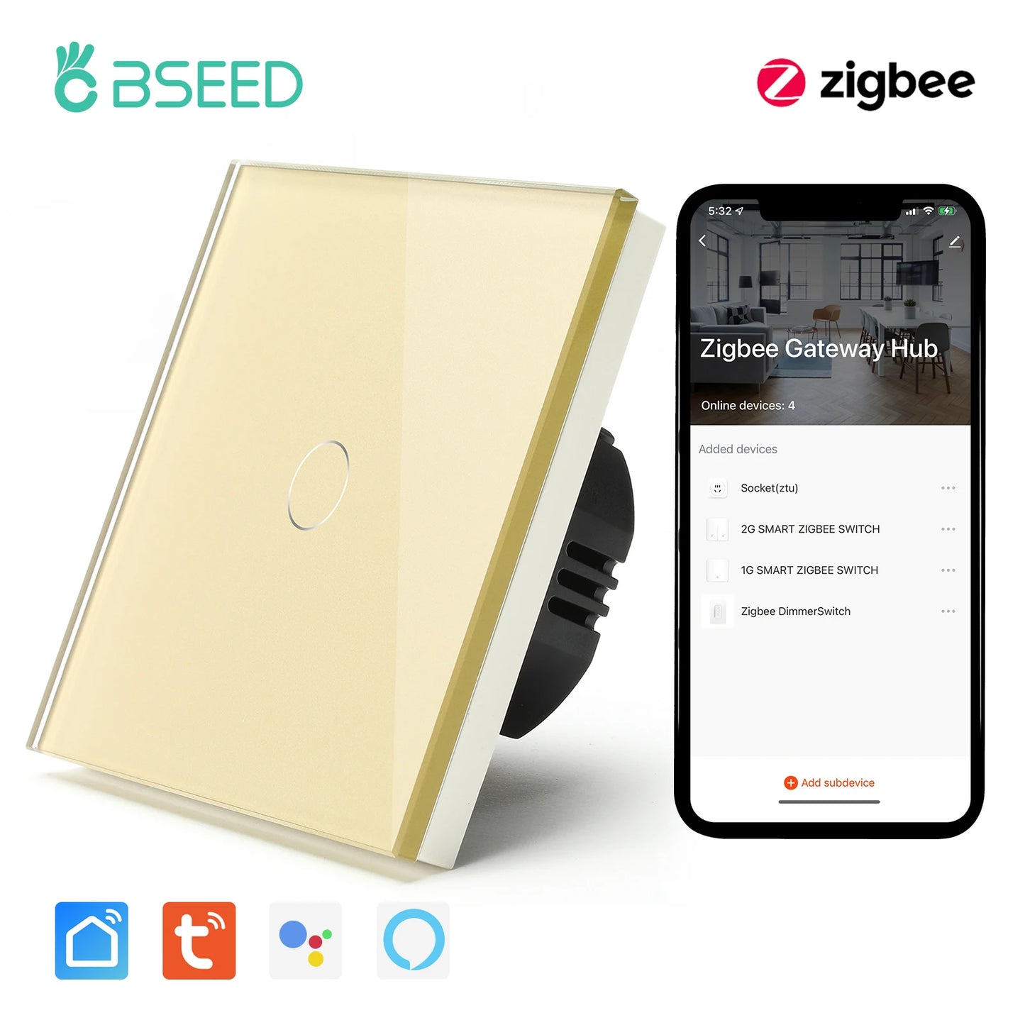 Bseed Zigbee 1/2/3Gang EU Standard Touch Light Switch Single Live Smart Wall Switch Smart Life Google Home Voice Control