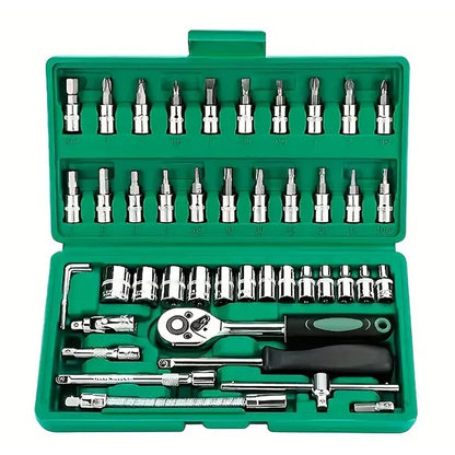 FOCSE 46 Pieces 1/4 Inch Drive Socket Ratchet Wrench Set, With Bit Socket Set, Metric And Extension Bar For Auto Repairing