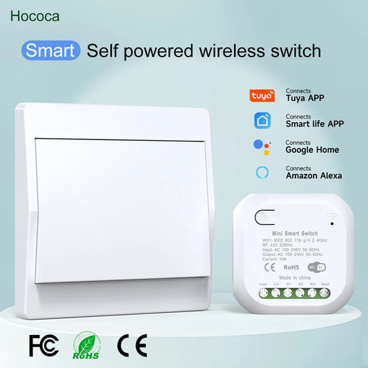 No Battery 1/2gang Kinetic Energy Tuya Smart Switches Wifi+Rf433 Wireless Connection Home Light Switch App Voice Remote Control