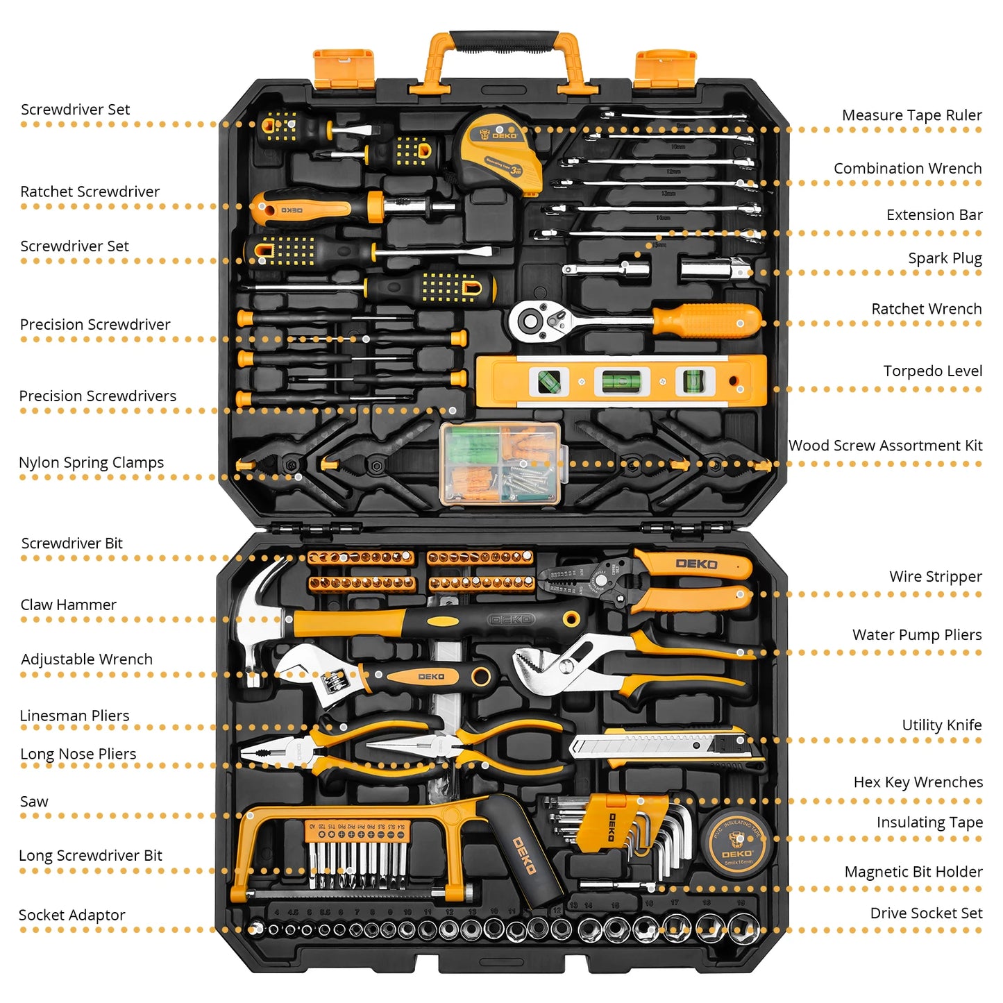 DEKO 228Pieces Socket Wrench Auto Repair Tool Combination Package Mixed Tool Set Hand Tool Kit with Plastic Toolbox Storage Case
