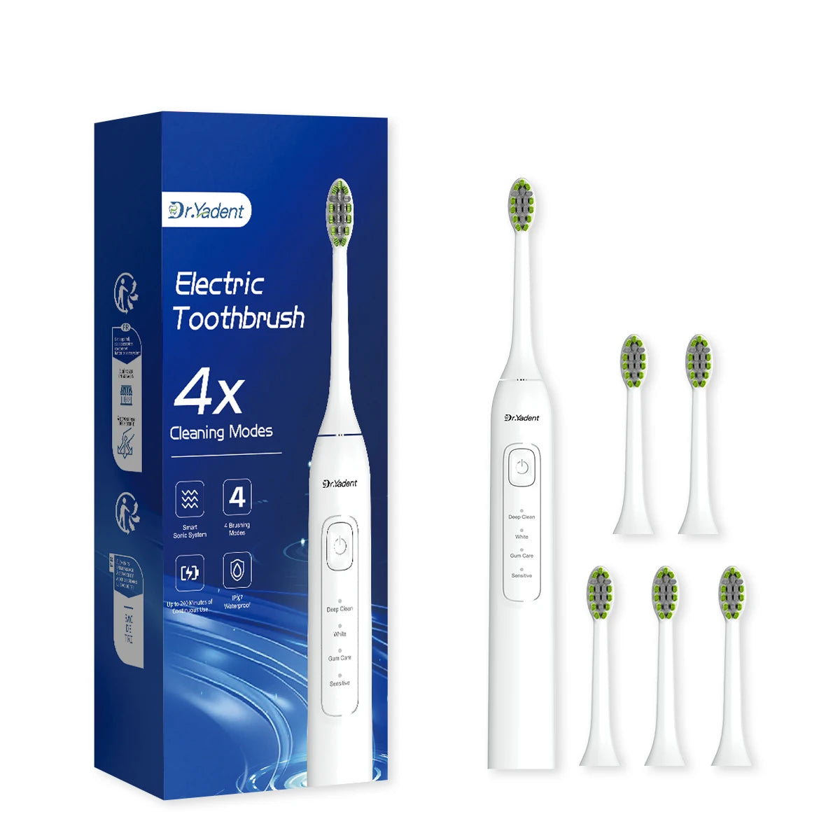 Dr.Yadent YD05 Electric Toothbrush USB-C Fast Charge 4 Modes for Adults 2mins SmartTimer 6 Replacement Heads Last for 1 Year Use