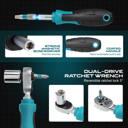 37PCS 1/4" Dual-Drive Ratchet Wrench Set with Shallow Sockets Magnetic Driver Handle and Bits Extension Bars & Universal Joint
