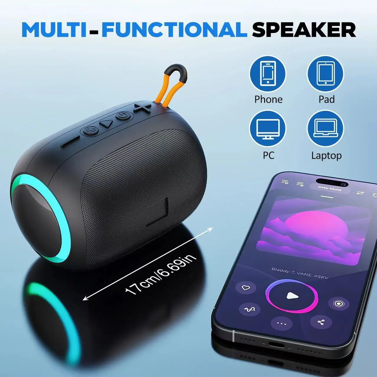 Bluetooth Speaker, IPX7 Waterproof Shower Speakers, 10W Stereo LED Lights, 8H Playtime for Home Outdoor Party Beach