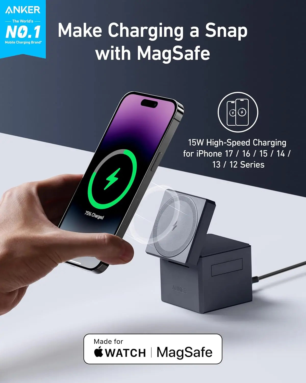 3-in-1 Foldable Wireless Charger Stand for iPhone 17/16/15, Apple Watch, AirPods, 15W Fast Charging, MagSafe Compatible, Travel-Friendly