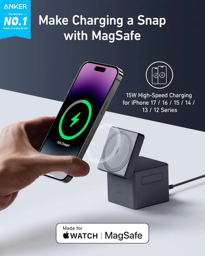 3-in-1 Foldable Wireless Charger Stand for iPhone 17/16/15, Apple Watch, AirPods, 15W Fast Charging, MagSafe Compatible, Travel-Friendly