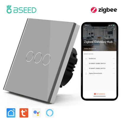 Bseed Zigbee 1/2/3Gang EU Standard Touch Light Switch Single Live Smart Wall Switch Smart Life Google Home Voice Control