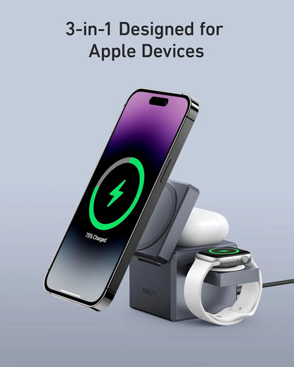 3-in-1 Foldable Wireless Charger Stand for iPhone 17/16/15, Apple Watch, AirPods, 15W Fast Charging, MagSafe Compatible, Travel-Friendly