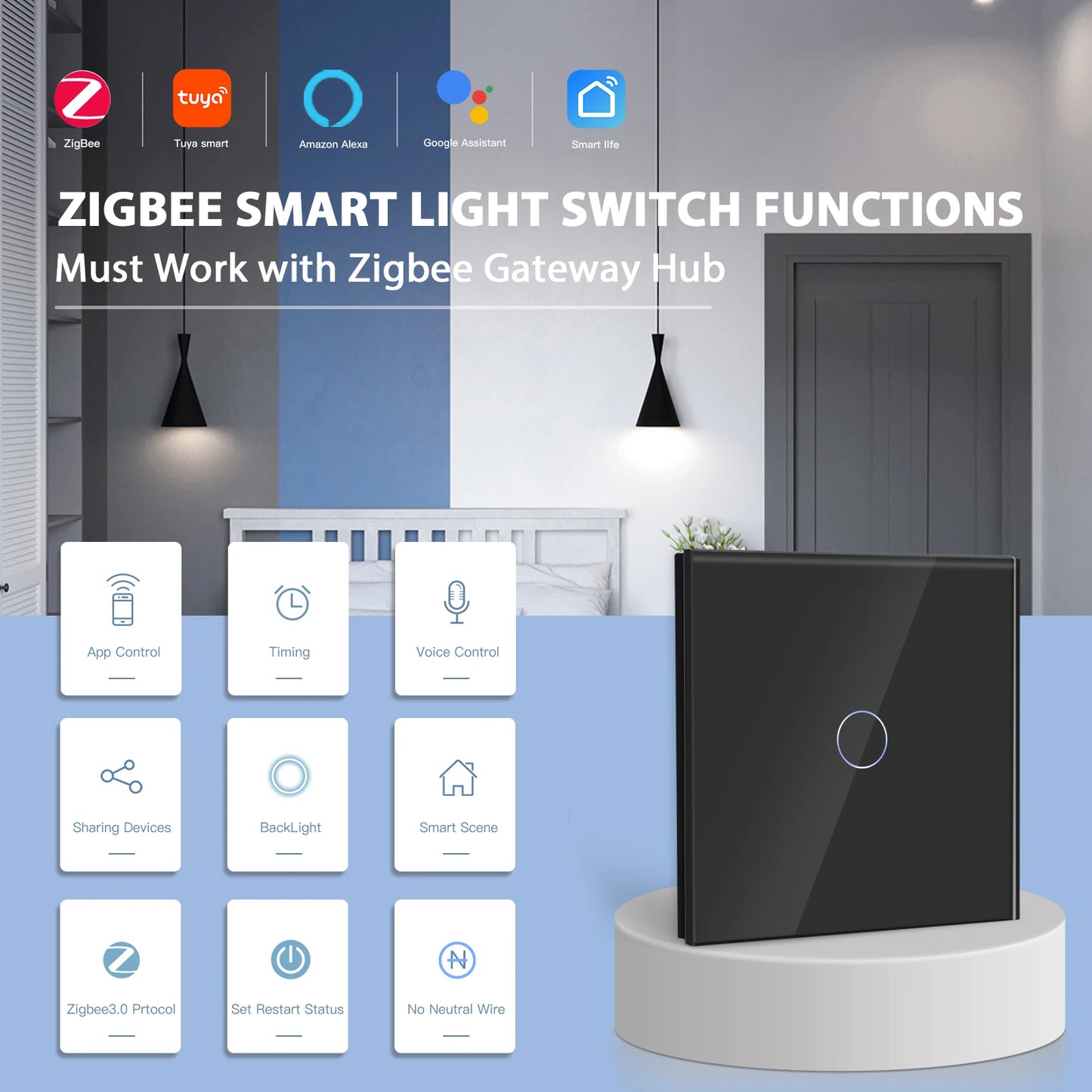 Bseed Zigbee 1/2/3Gang EU Standard Touch Light Switch Single Live Smart Wall Switch Smart Life Google Home Voice Control