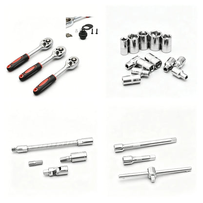 46 Pieces 1/4 Inch Drive Socket Ratchet Wrench Set, Metric Bit Socket & Extension Bar Assortment, Portable Hand Tool Kit for Auto Repairing & Household Mechanical Maintenance