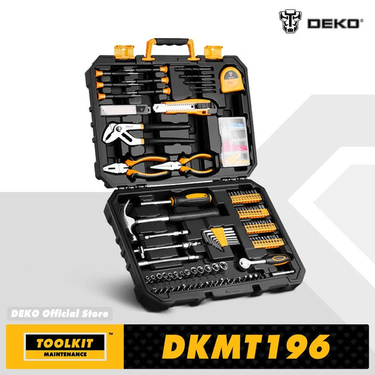 DEKO DKMT128/DKMT196 Home DIY Tool Set Auto Repair Combination Package Hand Tool Kit with Plastic Tool box, Screwdriver, Hammer