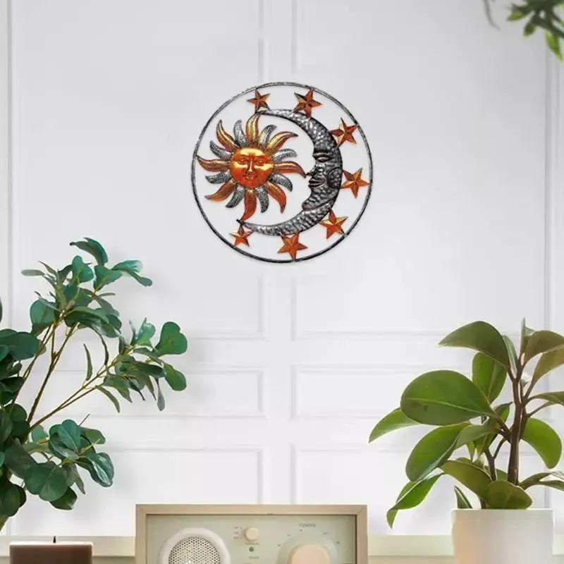 C90D Metal Sculpture for Sun Moon Face Statue Wall Hanger Decorations for Indoor Outd