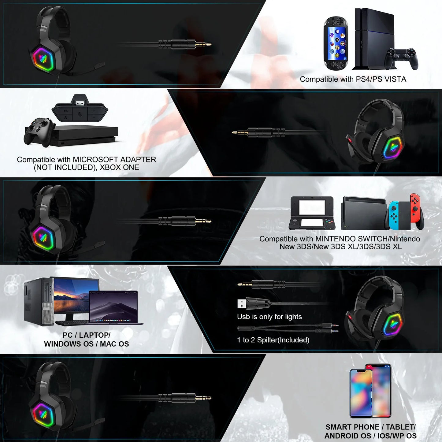 K10 RGB Gaming Headset Wired Headphones with Microphone Noise Cancelling Earphones for Computer PC Gamer