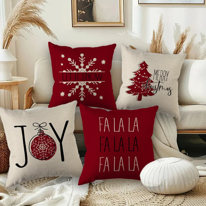 Red Christmas Pillow Covers 18x18 Set of 4 Christmas Decorations Merry Tree Joy Let It Snow FA La La Cushion Case Holiday Decor