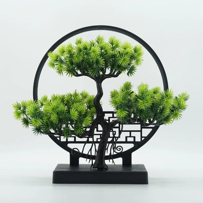 Chinese Zen Welcome Pine Potted Plant, Creative Screen Ornament Simulation Fake Pine Tree Living Room Entrance Decoration