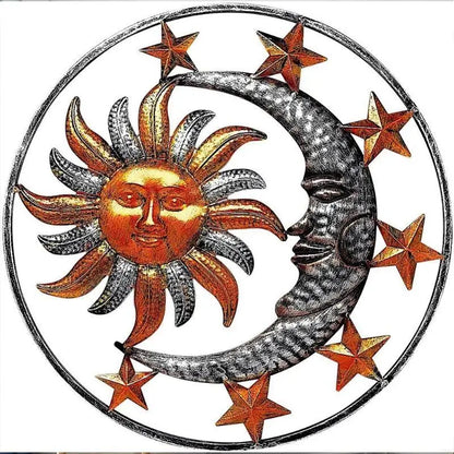 C90D Metal Sculpture for Sun Moon Face Statue Wall Hanger Decorations for Indoor Outd