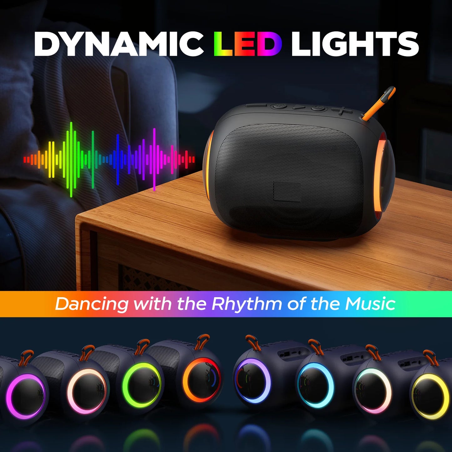 Bluetooth Speaker, IPX7 Waterproof Shower Speakers, 10W Stereo LED Lights, 8H Playtime for Home Outdoor Party Beach