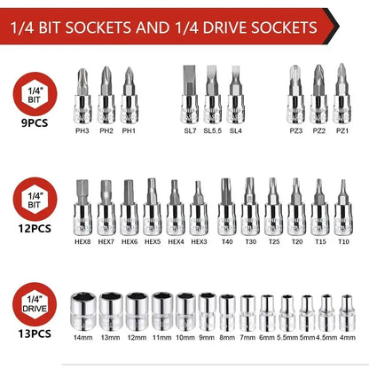 46 Pieces 1/4 Inch Drive Socket Ratchet Wrench Set, Metric Bit Socket & Extension Bar Assortment, Portable Hand Tool Kit for Auto Repairing & Household Mechanical Maintenance