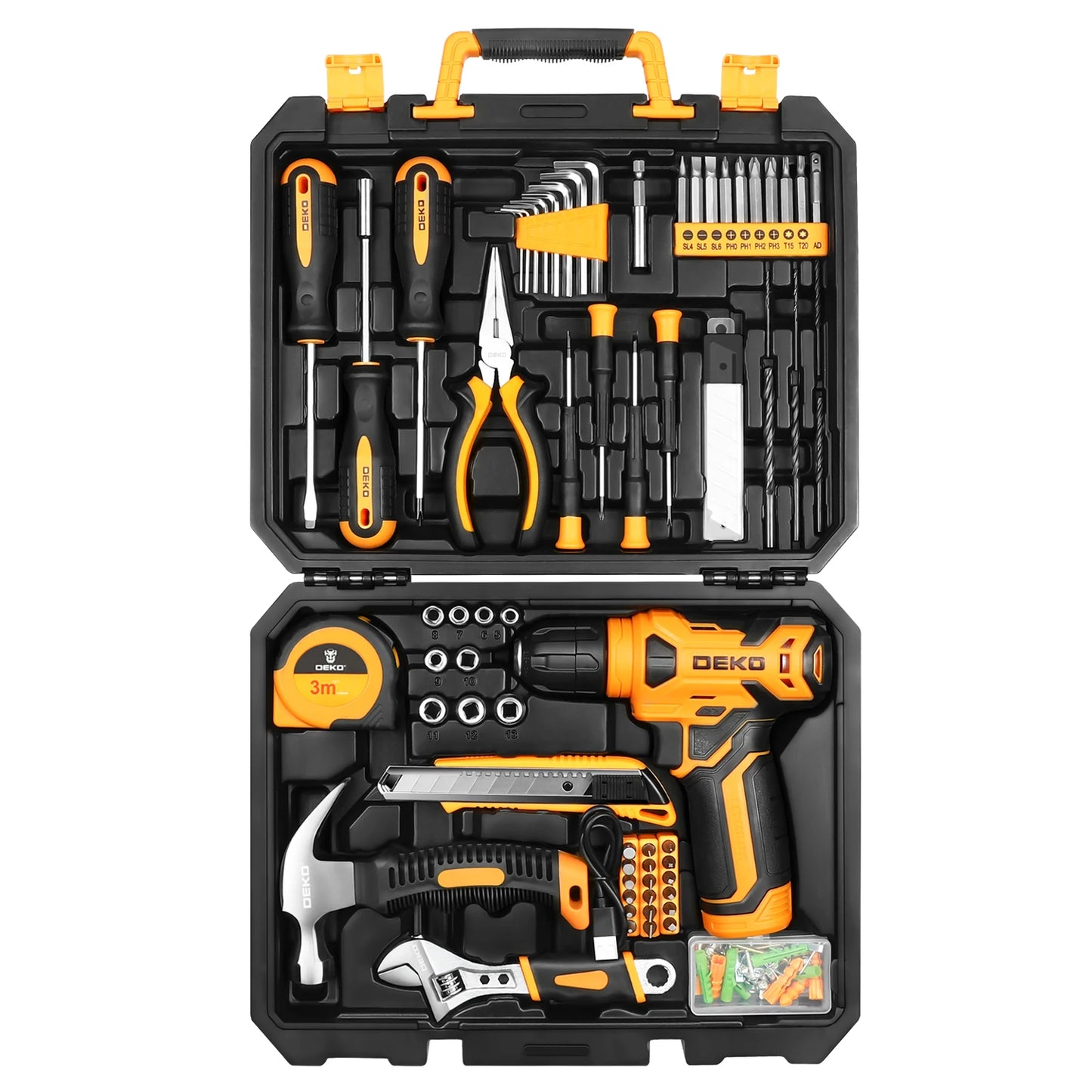 DEKO DKMT128/DKMT196 Home DIY Tool Set Auto Repair Combination Package Hand Tool Kit with Plastic Tool box, Screwdriver, Hammer