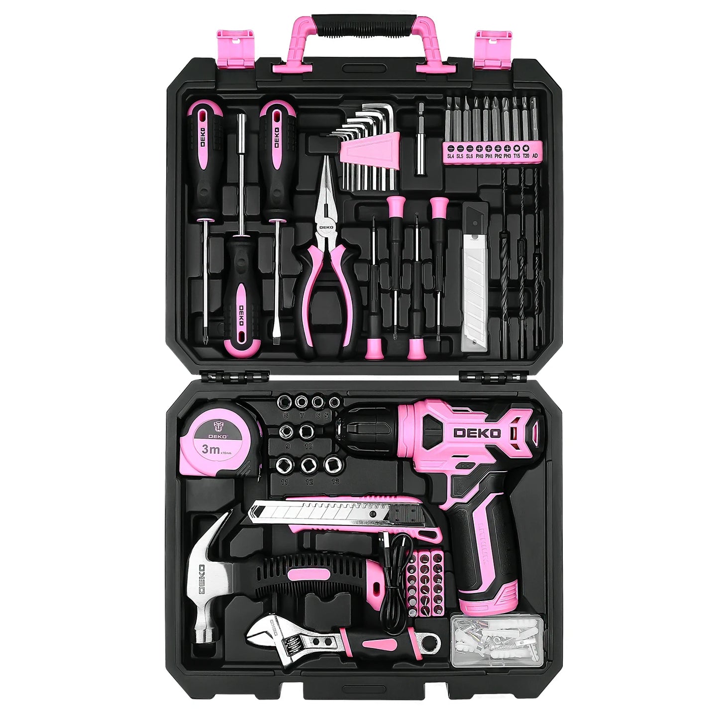 DEKO DKMT128/DKMT196 Home DIY Tool Set Auto Repair Combination Package Hand Tool Kit with Plastic Tool box, Screwdriver, Hammer