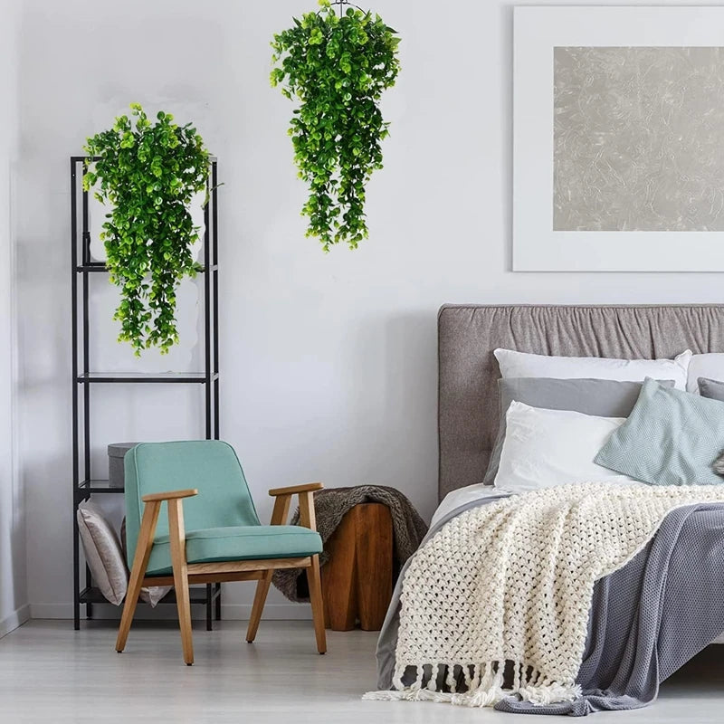 Artificial Rattan Eucalyptus 5Forks Fake Plant Wall Hanging Simulation Greenery Fake Hanging Vine for Home Room Outdoor Decor